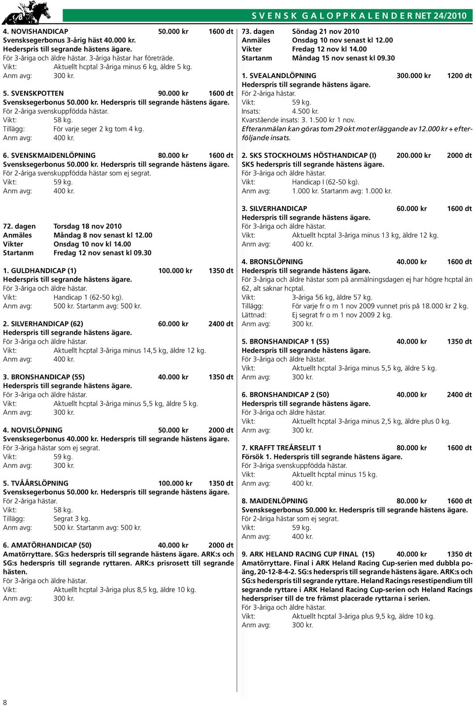 000 kr 1600 dt Svensksegerbonus 50.000 kr. För 2-åriga svenskuppfödda hästar som ej segrat. 72. dagen Torsdag 18 nov 2010 Anmäles Måndag 8 nov senast kl 12.00 Vikter Onsdag 10 nov kl 14.