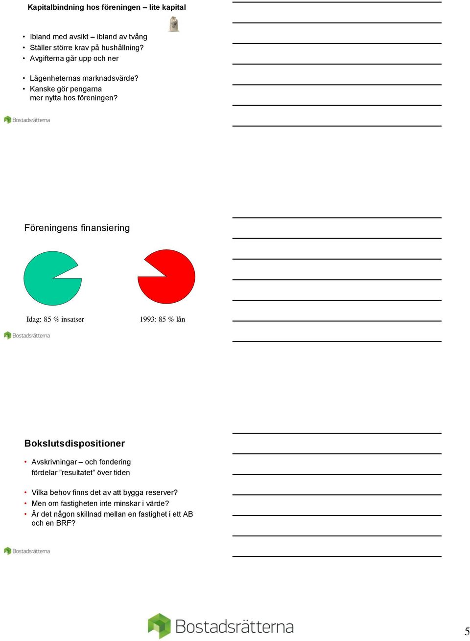 Föreningens finansiering Idag: 85 % insatser 1993: 85 % lån Bokslutsdispositioner Avskrivningar och fondering fördelar