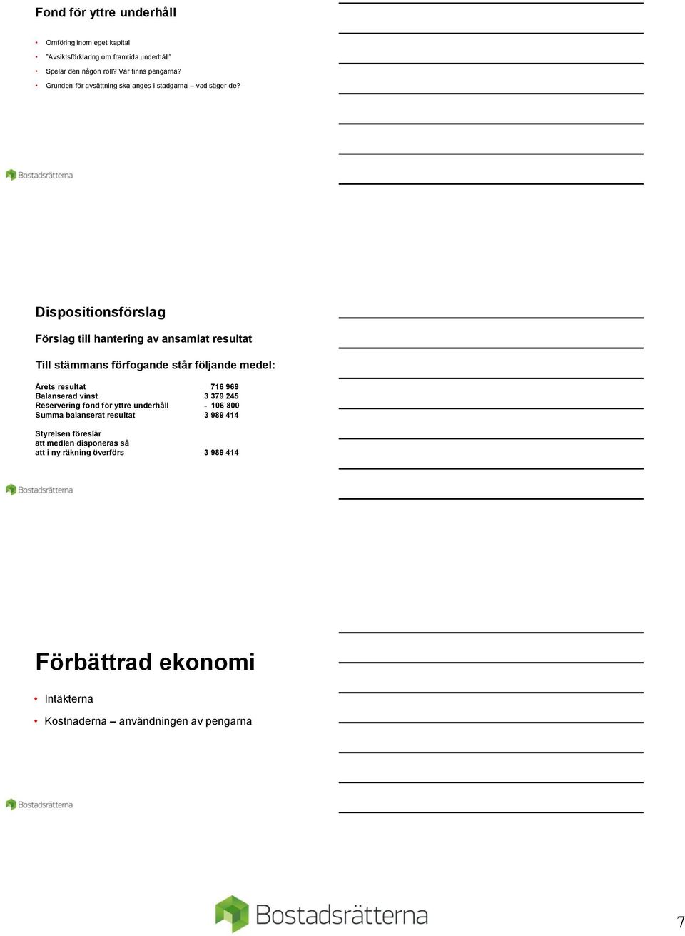 Dispositionsförslag Förslag till hantering av ansamlat resultat Till stämmans förfogande står följande medel: Årets resultat 716 969 Balanserad