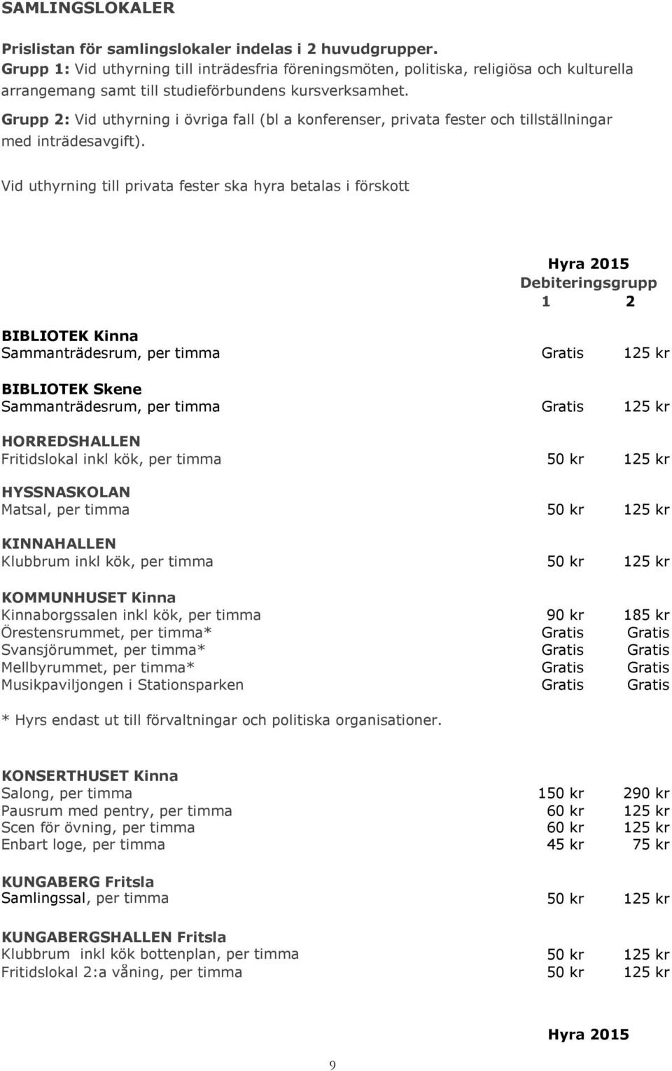 Grupp 2: Vid uthyrning i övriga fall (bl a konferenser, privata fester och tillställningar med inträdesavgift).