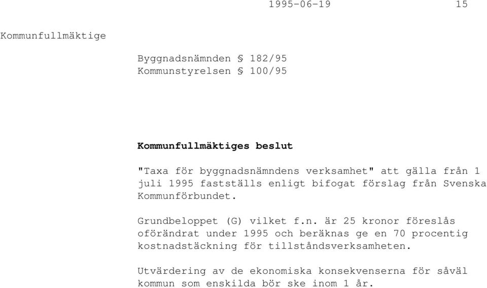 Grundbeloppet (G) vilket f.n. är 25 kronor föreslås oförändrat under 1995 och beräknas ge en 70 procentig