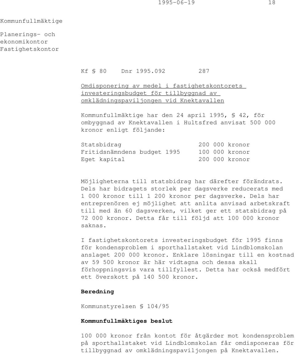 anvisat 500 000 kronor enligt följande: Statsbidrag Fritidsnämndens budget 1995 Eget kapital 200 000 kronor 100 000 kronor 200 000 kronor Möjligheterna till statsbidrag har därefter förändrats.