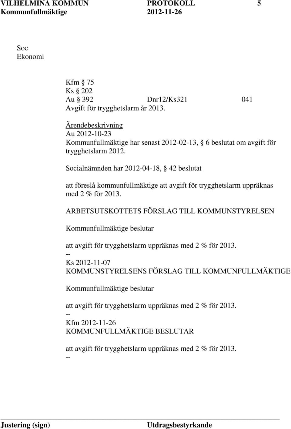 Socialnämnden har 2012-04-18, 42 beslutat att föreslå kommunfullmäktige att avgift för trygghetslarm uppräknas med 2 % för 2013.