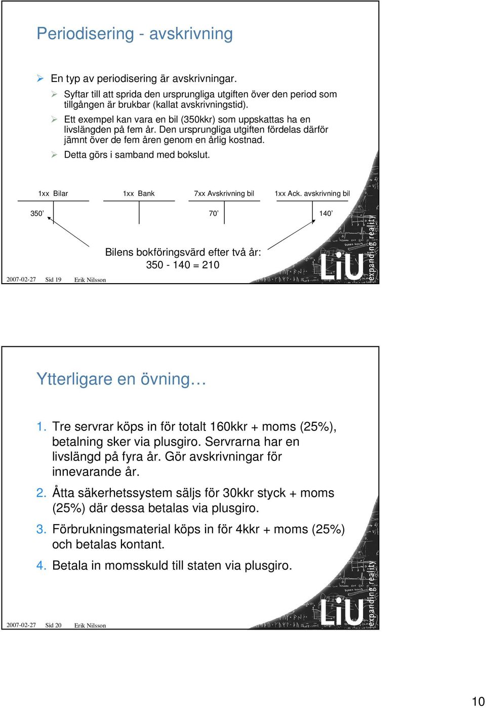 Detta görs i samband med bokslut. 1xx Bilar 1xx Bank 7xx Avskrivning bil 1xx Ack.