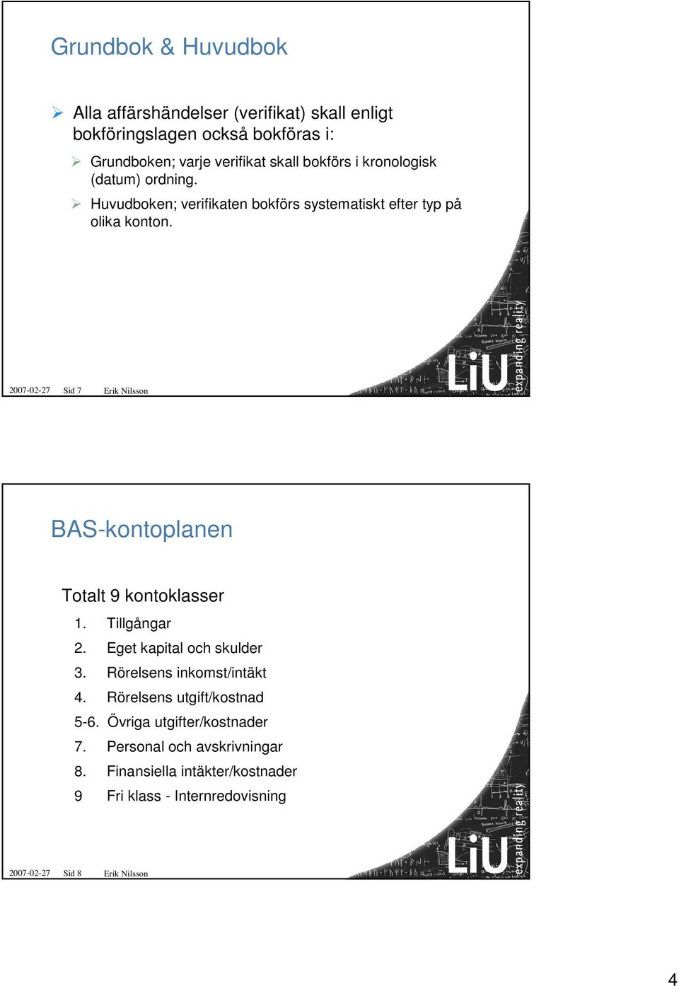 2007-02-27 Sid 7 Erik Nilsson BAS-kontoplanen Totalt 9 kontoklasser 1. Tillgångar 2. Eget kapital och skulder 3. Rörelsens inkomst/intäkt 4.