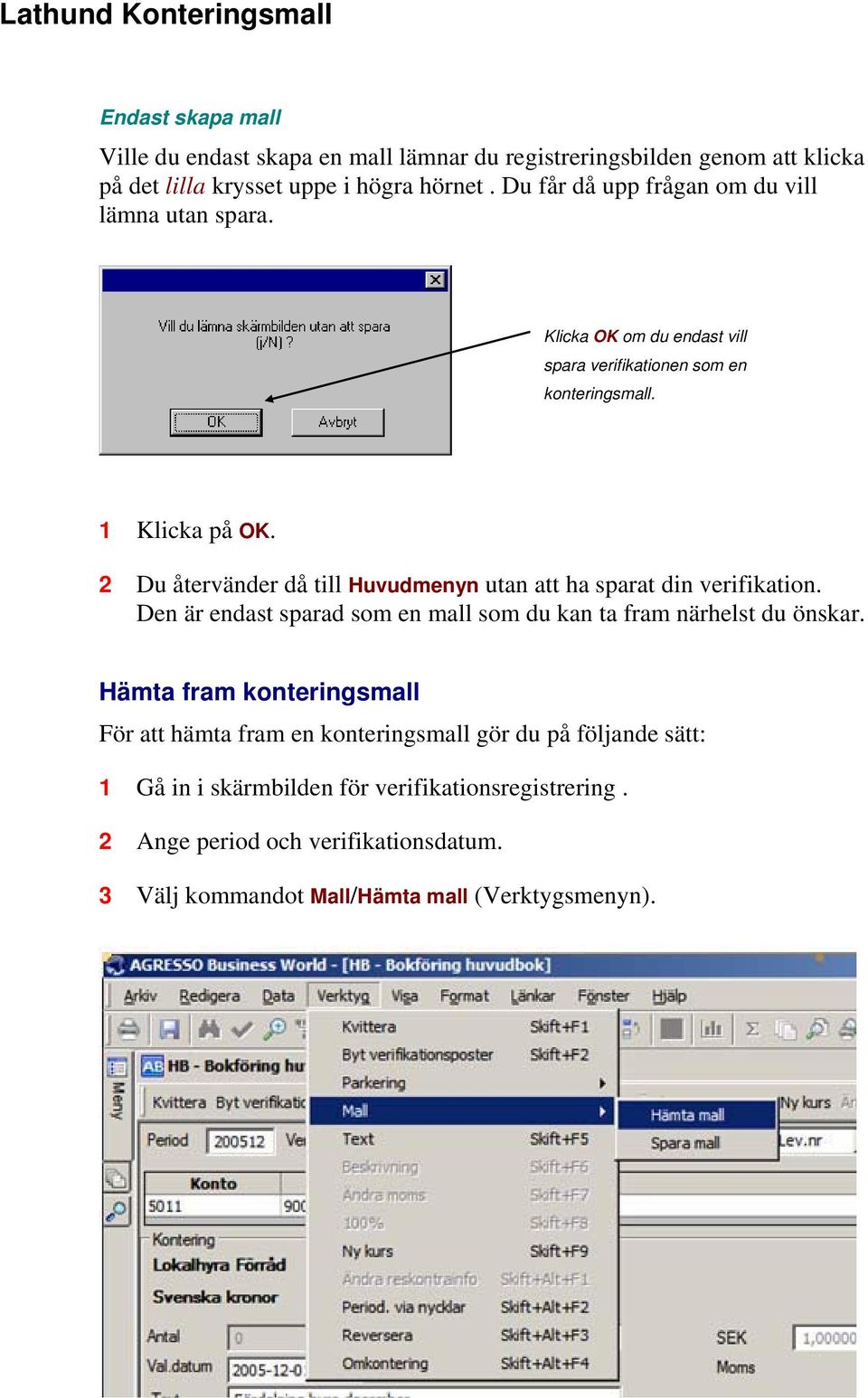 2 Du återvänder då till Huvudmenyn utan att ha sparat din verifikation. Den är endast sparad som en mall som du kan ta fram närhelst du önskar.