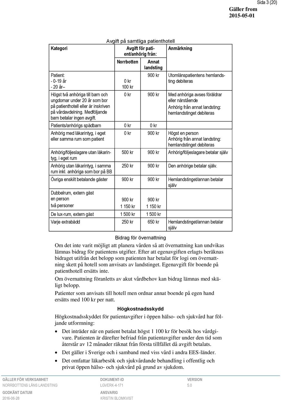 patient Anhörig/följeslagare utan läkarintyg, i eget rum Anhörig utan läkarintyg, i samma rum inkl.