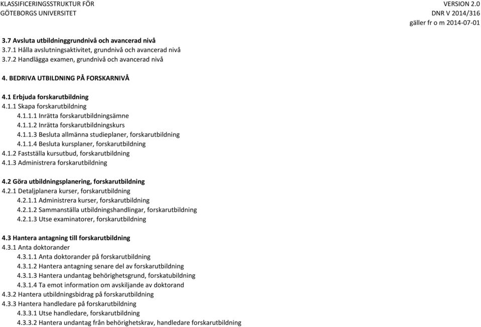 1.1.4 Besluta kursplaner, forskarutbildning 4.1.2 Fastställa kursutbud, forskarutbildning 4.1.3 Administrera forskarutbildning 4.2 Göra utbildningsplanering, forskarutbildning 4.2.1 Detaljplanera kurser, forskarutbildning 4.