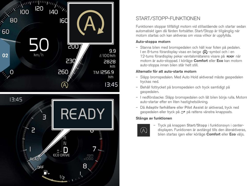 I en 8-tums förardisplay visas en beige -symbol och i en 12-tums förardisplay pekar varvtalsmätarens visare på när motorn är auto-stoppad.