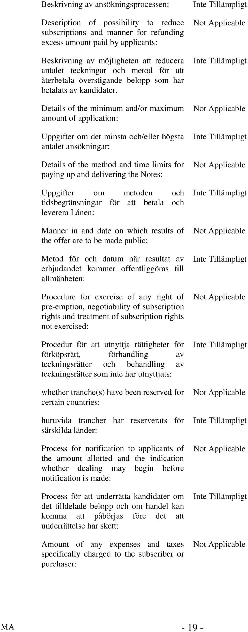 Details of the minimum and/or maximum amount of application: Uppgifter om det minsta och/eller högsta antalet ansökningar: Details of the method and time limits for paying up and delivering the