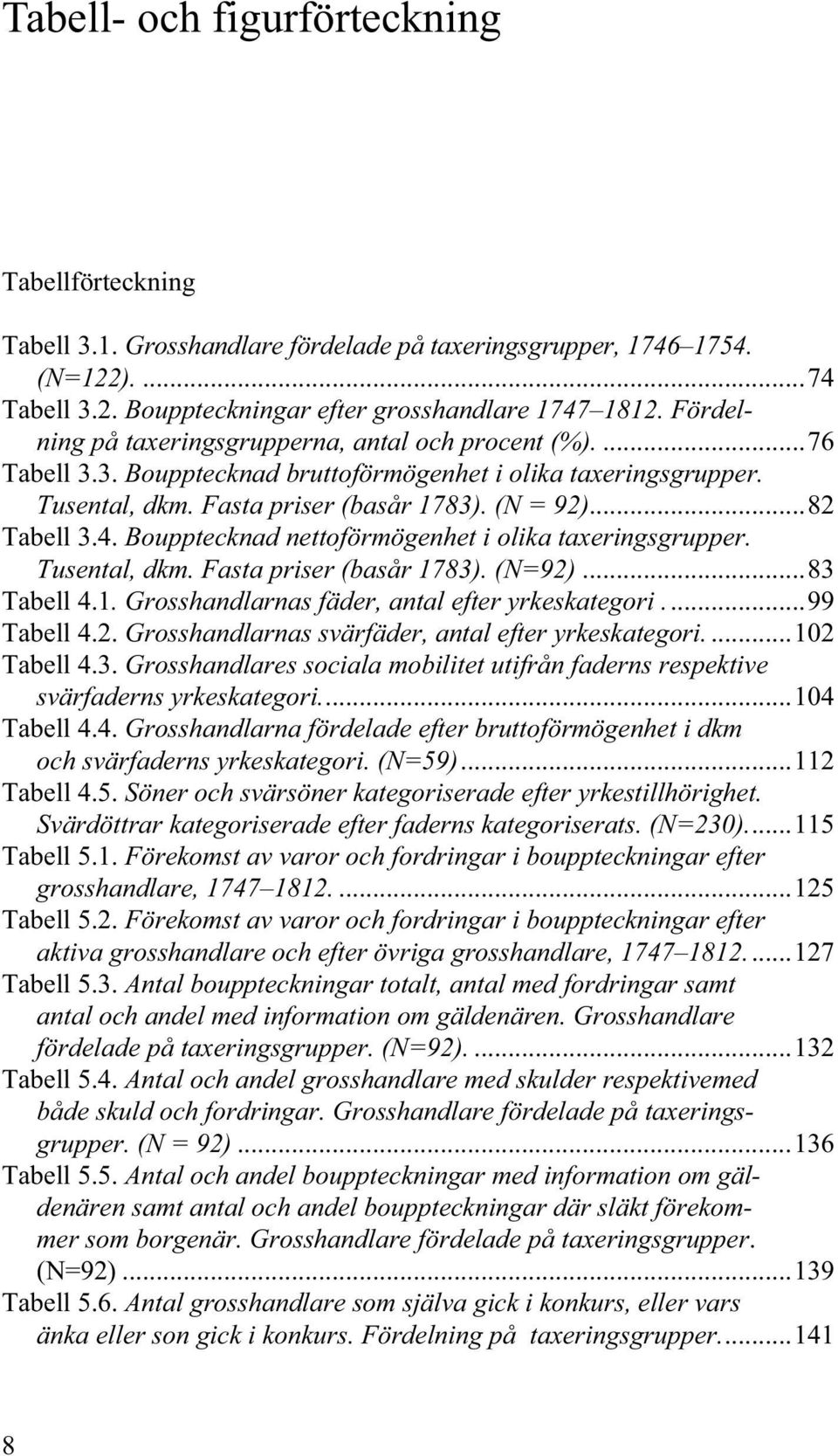 Boupptecknad nettoförmögenhet i olika taxeringsgrupper. Tusental, dkm. Fasta priser (basår 1783). (N=92)...83 Tabell 4.1. Grosshandlarnas fäder, antal efter yrkeskategori...99 Tabell 4.2. Grosshandlarnas svärfäder, antal efter yrkeskategori.