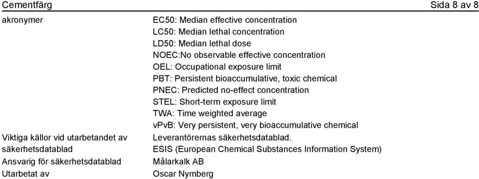 Persistent bioaccumulative, toxic chemical PNEC: Predicted no-effect concentration STEL: Short-term exposure limit TWA: Time weighted average vpvb: Very