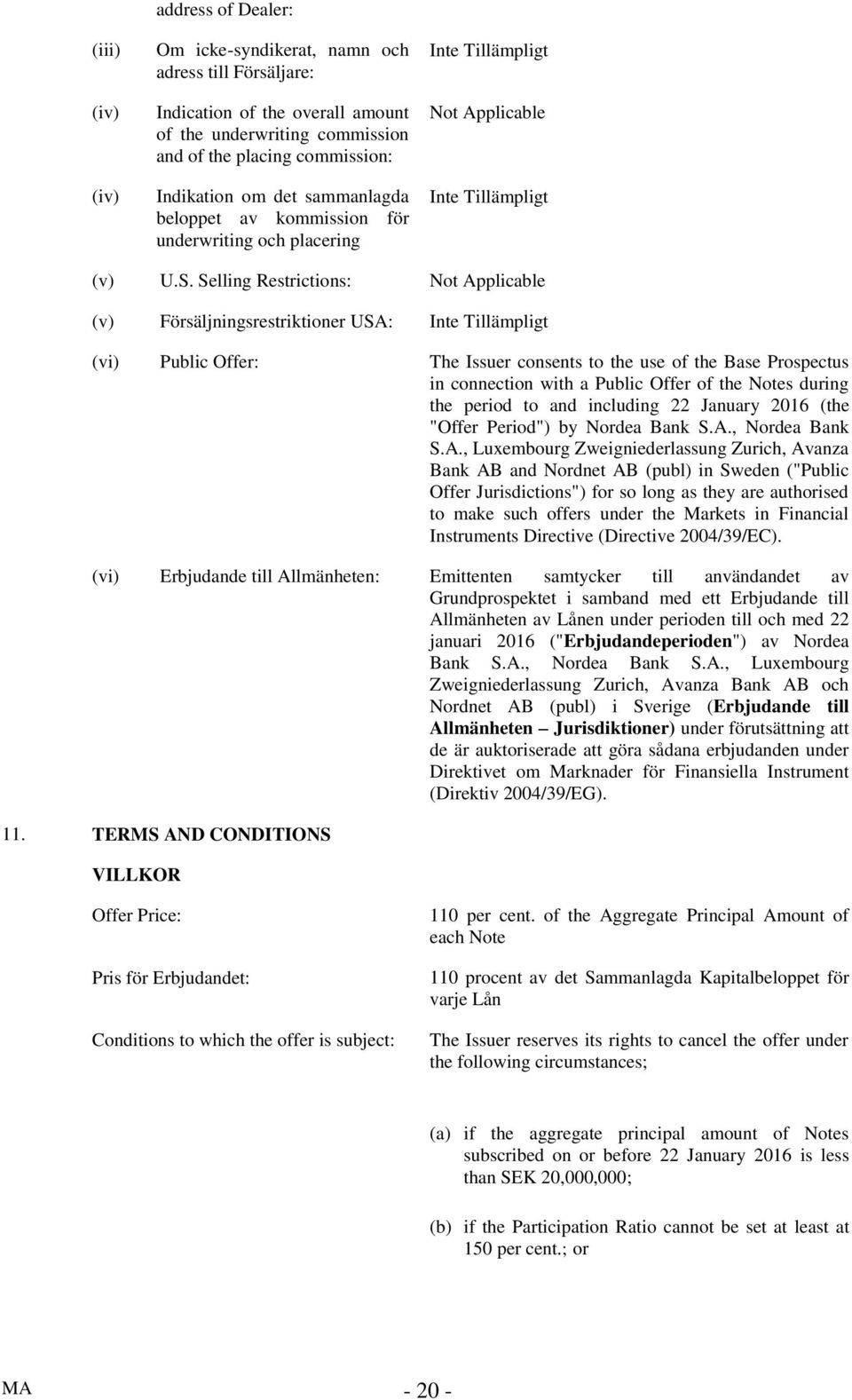 Selling Restrictions: Not Applicable (v) Försäljningsrestriktioner USA: (vi) Public Offer: The Issuer consents to the use of the Base Prospectus in connection with a Public Offer of the Notes during