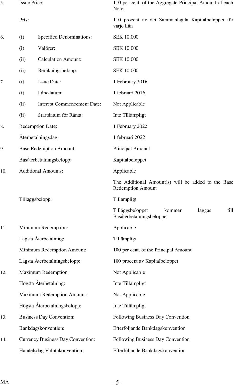 (i) Issue Date: 1 February 2016 (i) Lånedatum: 1 februari 2016 (ii) Interest Commencement Date: Not Applicable (ii) Startdatum för Ränta: 8.