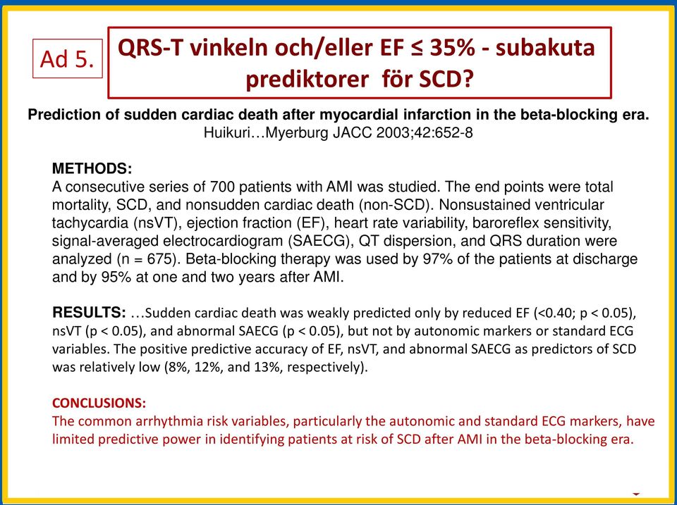 Nonsustained ventricular tachycardia (nsvt), ejection fraction (EF), heart rate variability, baroreflex sensitivity, signal-averaged electrocardiogram (SAECG), QT dispersion, and QRS duration were