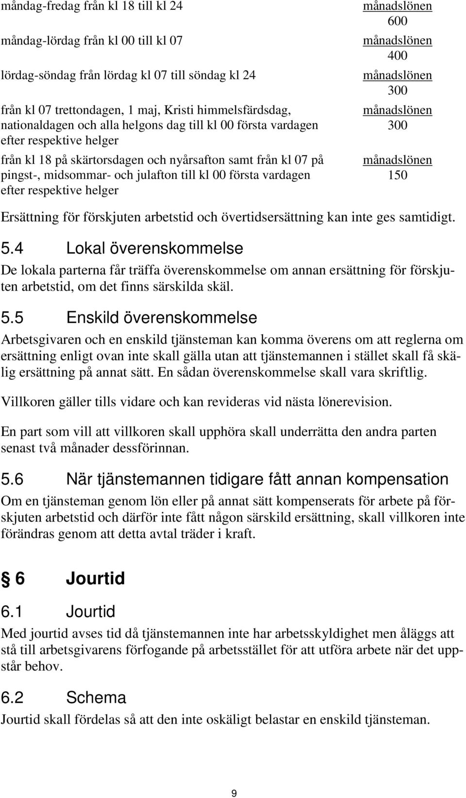 respektive helger 600 400 300 300 150 Ersättning för förskjuten arbetstid och övertidsersättning kan inte ges samtidigt. 5.