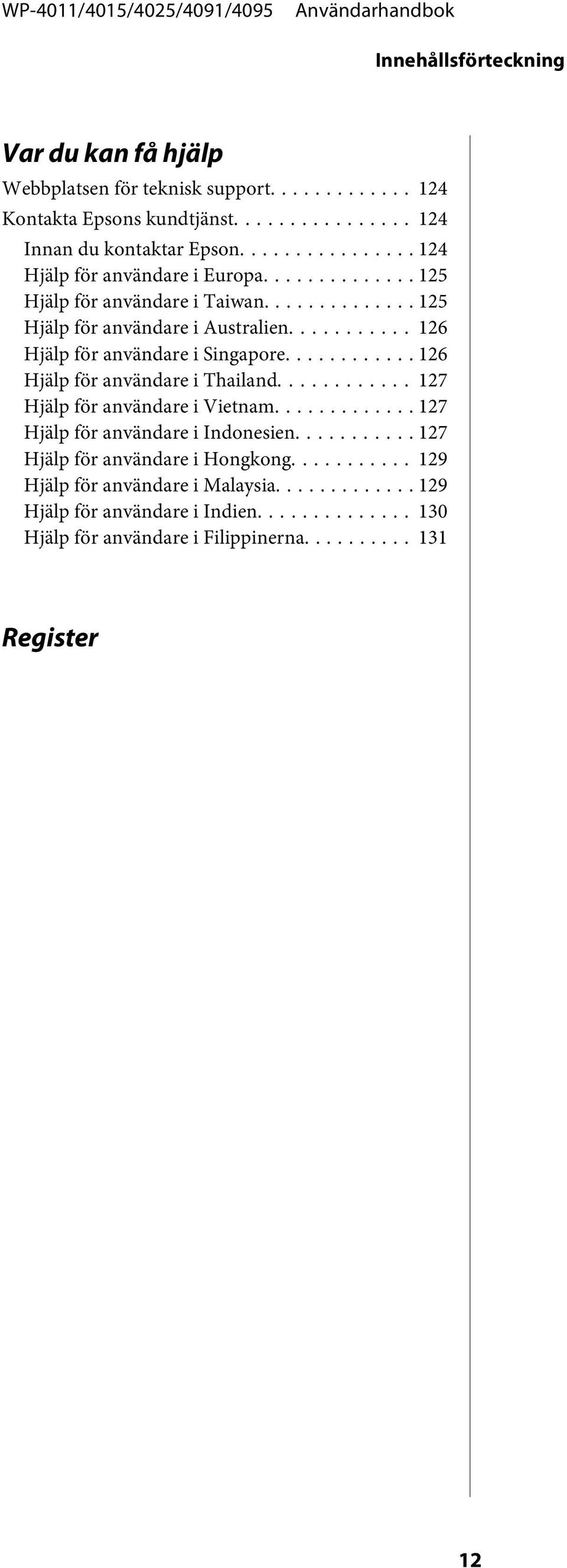 .. 126 Hjälp för användare i Singapore............ 126 Hjälp för användare i Thailand... 127 Hjälp för användare i Vietnam.