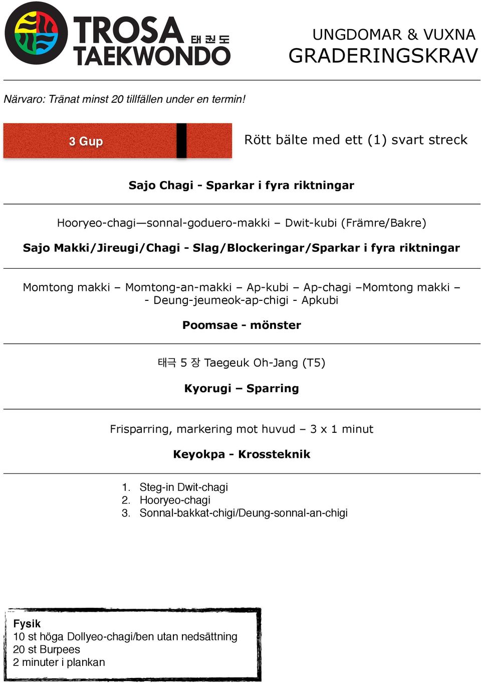 Ap-chagi Momtong makki - Deung-jeumeok-ap-chigi - Apkubi 5 Taegeuk Oh-Jang (T5) Kyorugi Sparring Frisparring, markering mot huvud 3 x 1 minut Keyokpa -