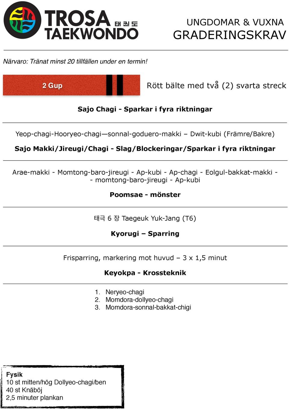 Ap-kubi - Ap-chagi - Eolgul-bakkat-makki - - momtong-baro-jireugi - Ap-kubi 6 Taegeuk Yuk-Jang (T6) Kyorugi Sparring Frisparring, markering mot huvud 3 x 1,5