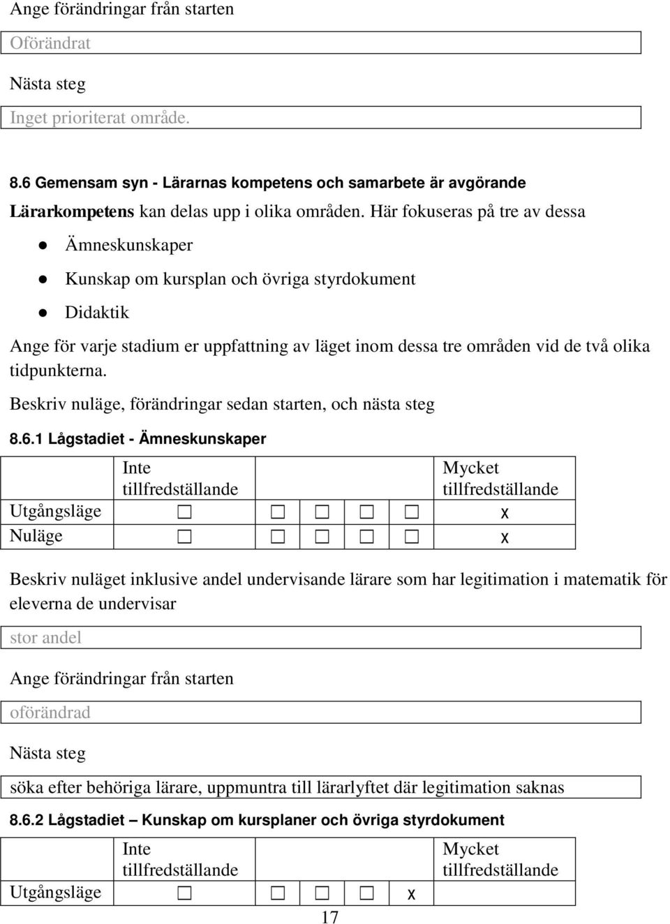 tidpunkterna. Beskriv nuläge, förändringar sedan starten, och nästa steg 8.6.