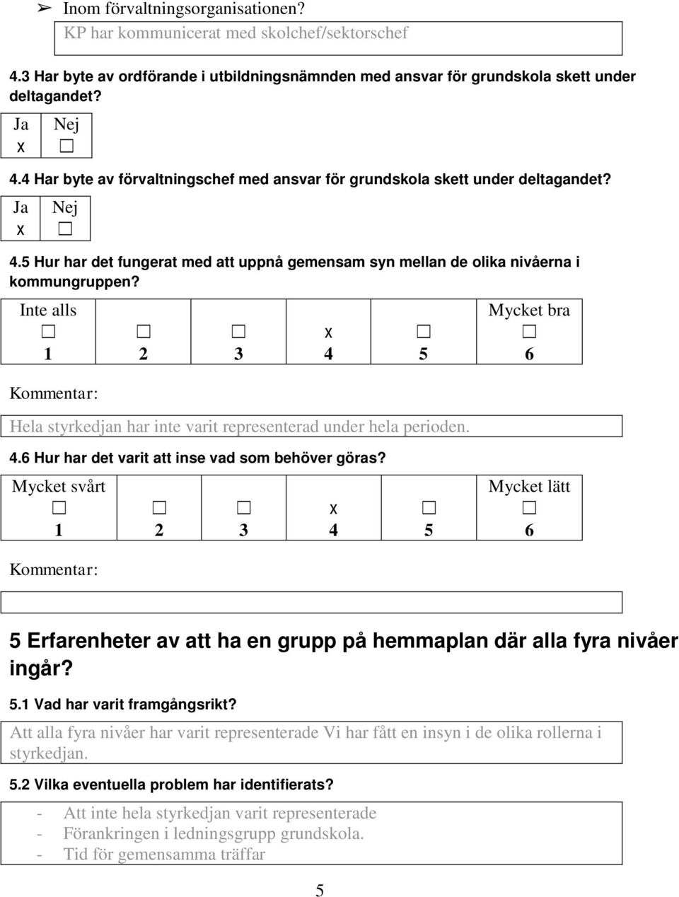 alls 1 Kommentar: 2 3 Hela styrkedjan har inte varit representerad under hela perioden. x 4 5 bra 6 4.6 Hur har det varit att inse vad som behöver göras?