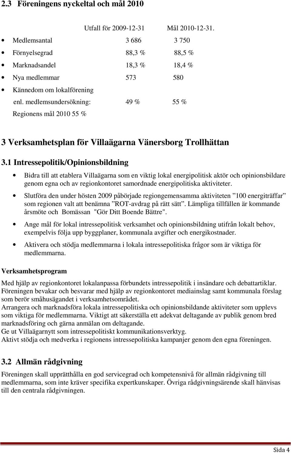 medlemsundersökning: 49 % 55 % Regionens mål 2010 55 % 3 Verksamhetsplan för Villaägarna Vänersborg Trollhättan 3.