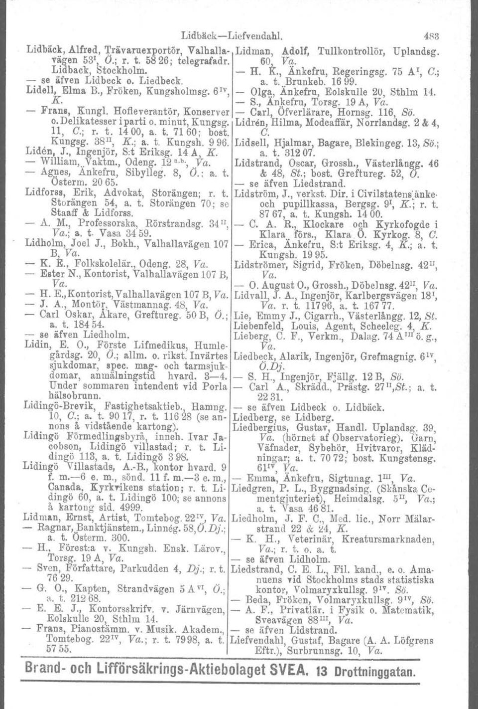 19 A, Va. - Frans, Kungl. Hofleverantör, Konserver - Carl, Ofverlärare, Hornsg. 116, Sä. o. Delikatesser i parti o. minut, Kungsg. Lidren, Hilma, Modeaffär. Norrlandsg. 2 & 4, 11, G.; r. t. 1400, a.