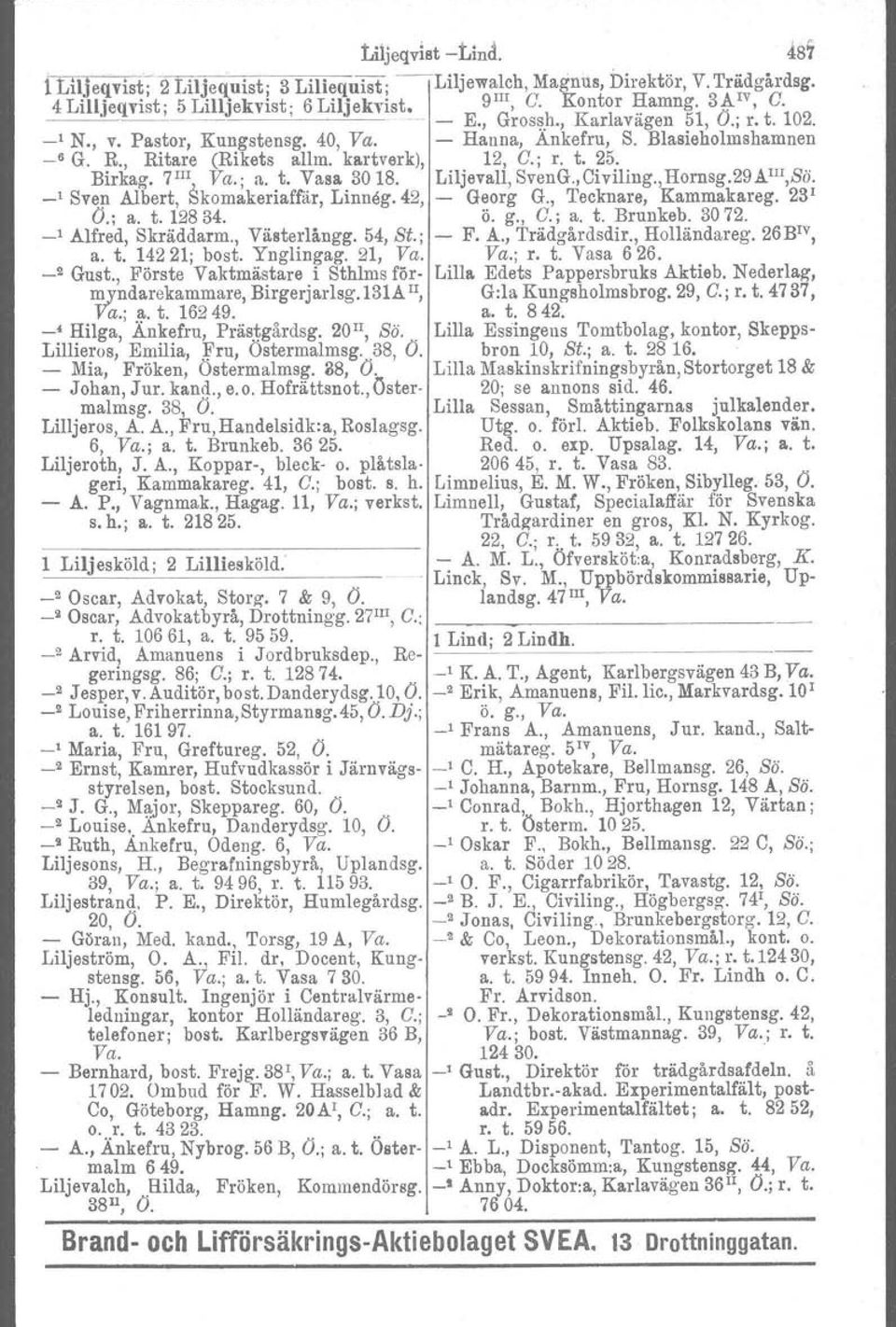 Birkag, 7III" Va.; a. t. Vasa 3018. Liljevall,SvenG.,Civiling.,Hornsg.29AIlI,Bö. _1 Sven Albert, Skornakeriaffär, Linneg. 42, - Georg G., Tecknare, Kammakareg. 23 1 Ö.; a. t. 12834. ö. g., C.; a. t. Brunkeb.