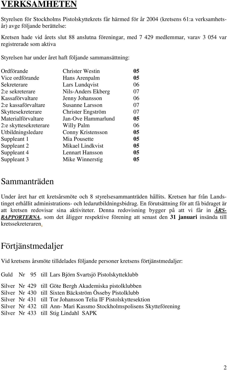 2:e sekreterare Nils-Anders Ekberg 07 Kassaförvaltare Jenny Johansson 06 2:e kassaförvaltare Susanne Larsson 07 Skyttesekreterare Christer Engström 07 Materialförvaltare Jan-Ove Hammarlund 05 2:e