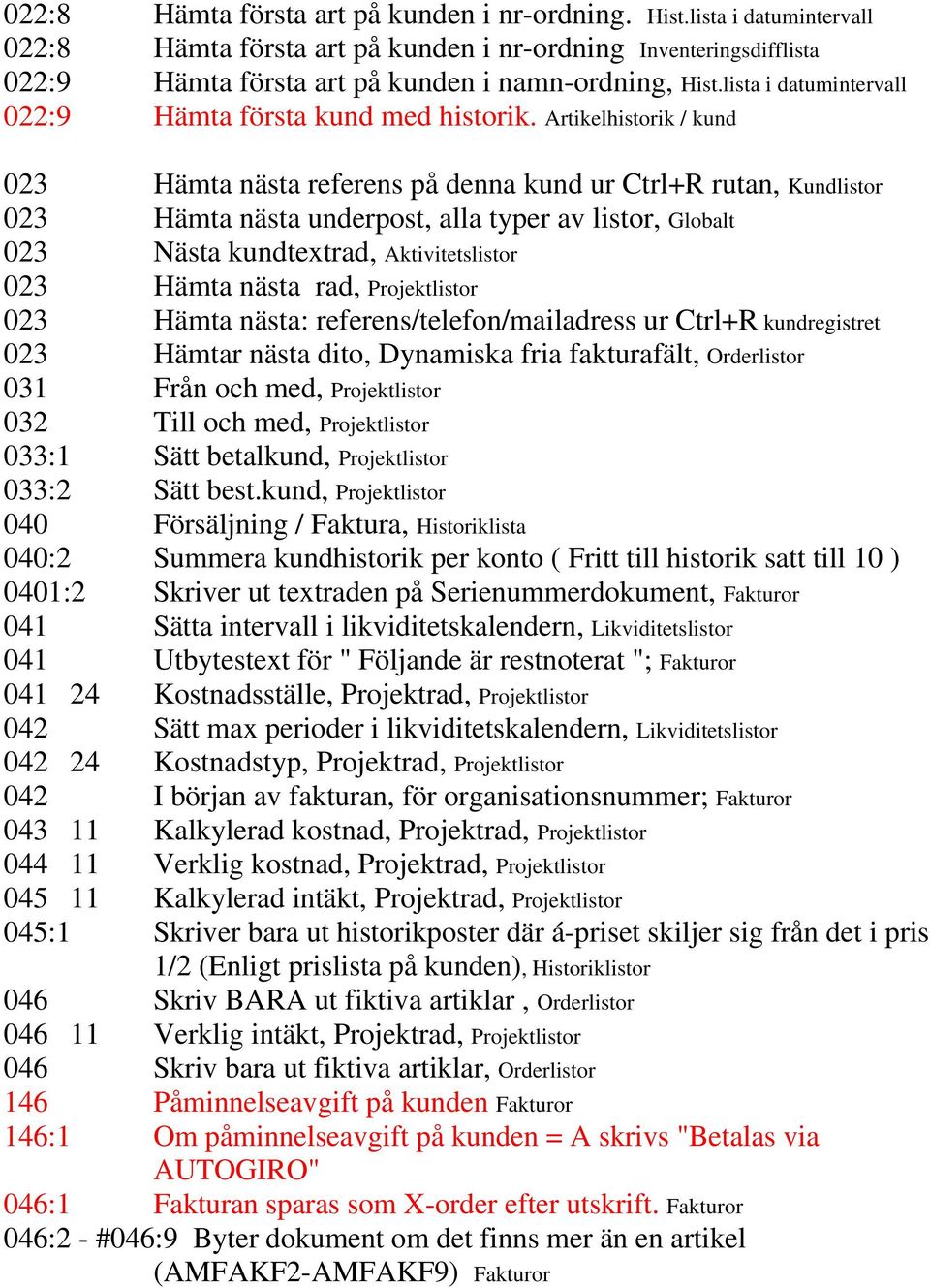 Artikelhistorik / kund 023 Hämta nästa referens på denna kund ur Ctrl+R rutan, Kundlistor 023 Hämta nästa underpost, alla typer av listor, Globalt 023 Nästa kundtextrad, Aktivitetslistor 023 Hämta