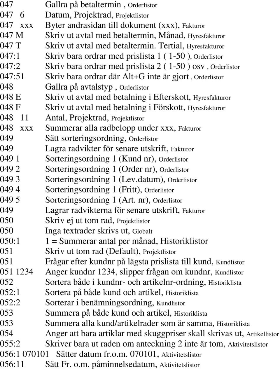 Tertial, Hyresfakturor 047:1 Skriv bara ordrar med prislista 1 ( 1-50 ), Orderlistor 047:2 Skriv bara ordrar med prislista 2 ( 1-50 ) osv, Orderlistor 047:51 Skriv bara ordrar där Alt+G inte är