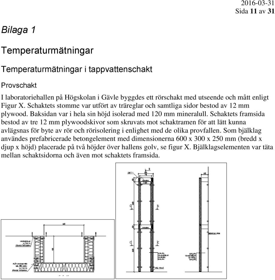 Schaktets framsida bestod av tre 12 mm plywoodskivor som skruvats mot schaktramen för att lätt kunna avlägsnas för byte av rör och rörisolering i enlighet med de olika provfallen.