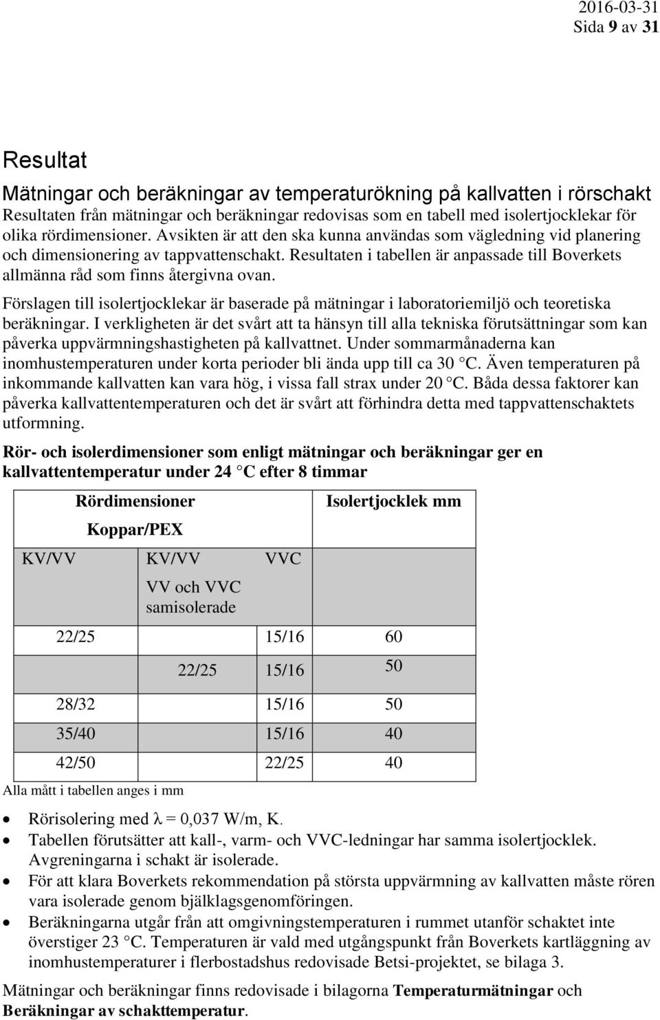 Resultaten i tabellen är anpassade till Boverkets allmänna råd som finns återgivna ovan. Förslagen till isolertjocklekar är baserade på mätningar i laboratoriemiljö och teoretiska beräkningar.