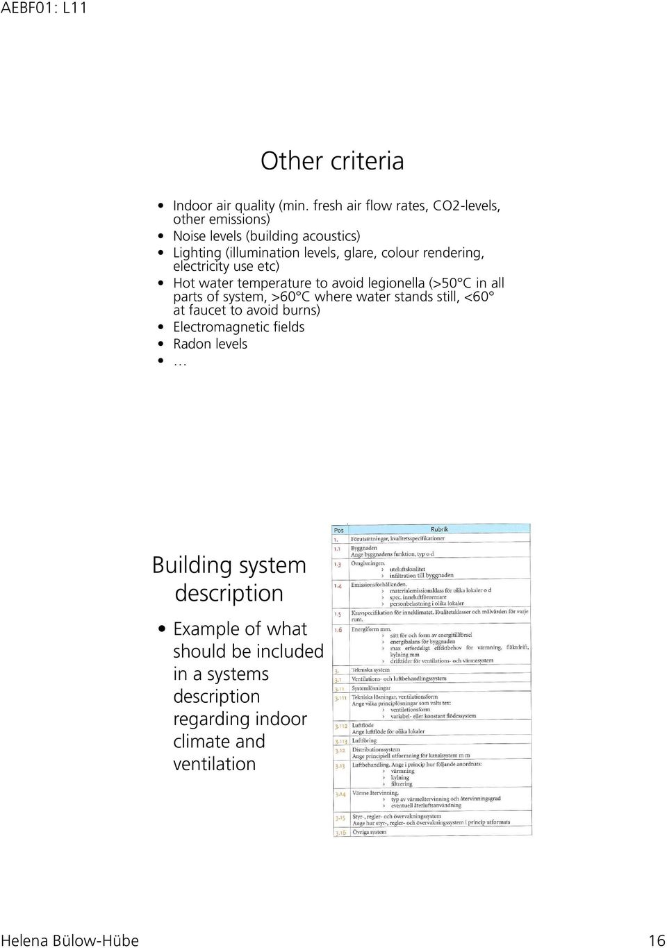 rendering, electricity use etc) Hot water temperature to avoid legionella (>50 C in all parts of system, >60 C where water stands