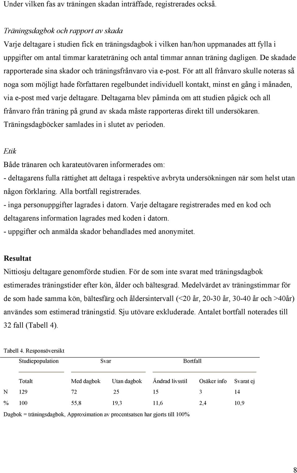 dagligen. De skadade rapporterade sina skador och träningsfrånvaro via e-post.