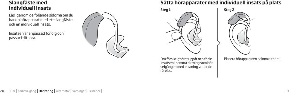 Sätta hörapparater med individuell insats på plats Steg 1 Steg 2 Insatsen är anpassad för dig och passar i ditt öra.