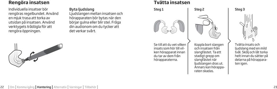 Tvätta insatsen Steg 1 Steg 2 Steg 3 Se till att du vet vilken insats som hör till vilken hörapparat innan du tar av dem från hörapparaterna. Koppla bort slangen och insatsen från slangfästet.