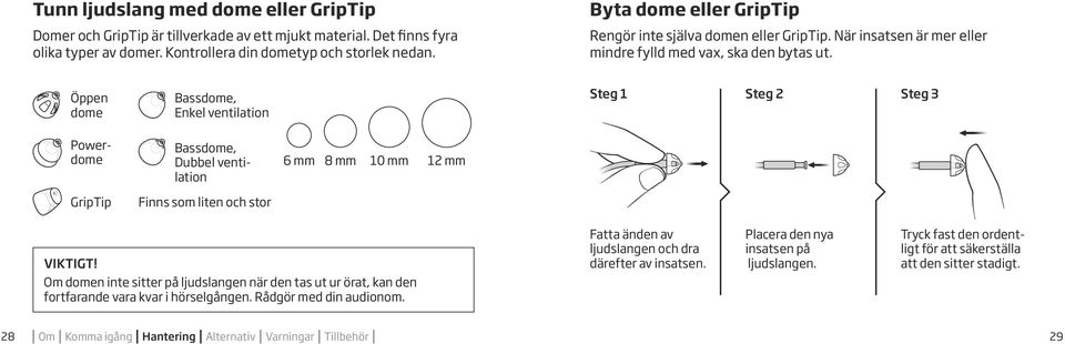 Öppen dome Bassdome, Enkel ventilation Steg 1 Steg 2 Steg 3 Powerdome GripTip Bassdome, Dubbel ventilation Finns som liten och stor 6 mm 8 mm 10 mm 12 mm VIKTIGT!