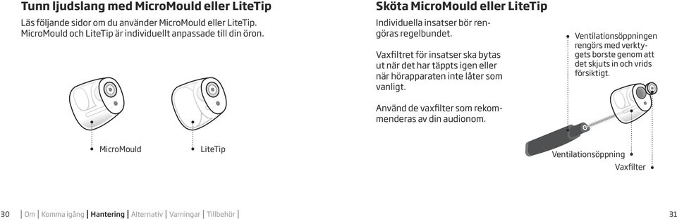 Vaxfiltret för insatser ska bytas ut när det har täppts igen eller när hörapparaten inte låter som vanligt.