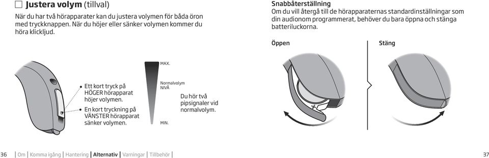 Snabbåterställning Om du vill återgå till de hörapparaternas standardinställningar som din audionom programmerat, behöver du bara öppna och