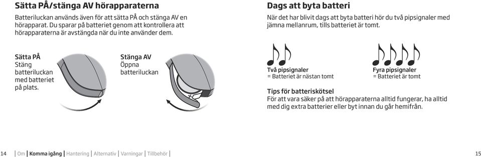 Dags att byta batteri När det har blivit dags att byta batteri hör du två pipsignaler med jämna mellanrum, tills batteriet är tomt.