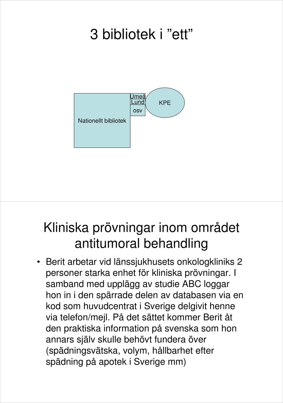 I samband med upplägg av studie ABC loggar hon in i den spärrade delen av databasen via en kod som huvudcentrat i Sverige delgivit henne