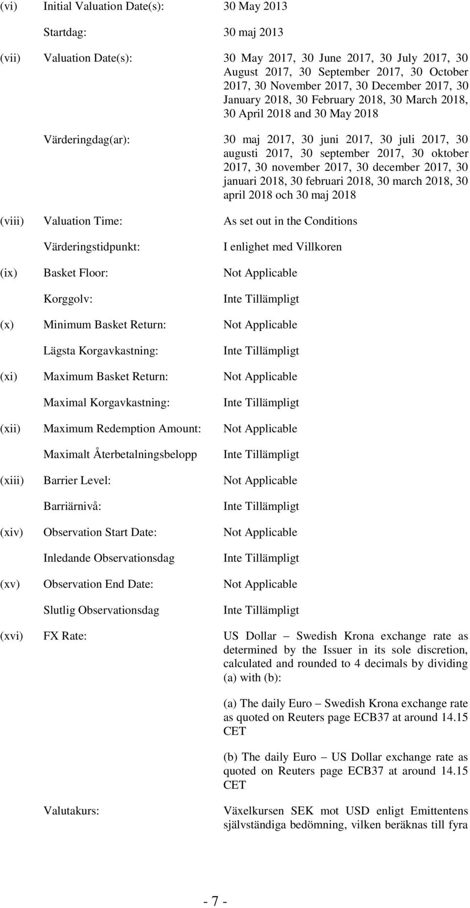 30 oktober 2017, 30 november 2017, 30 december 2017, 30 januari 2018, 30 februari 2018, 30 march 2018, 30 april 2018 och 30 maj 2018 (viii) Valuation Time: As set out in the Conditions