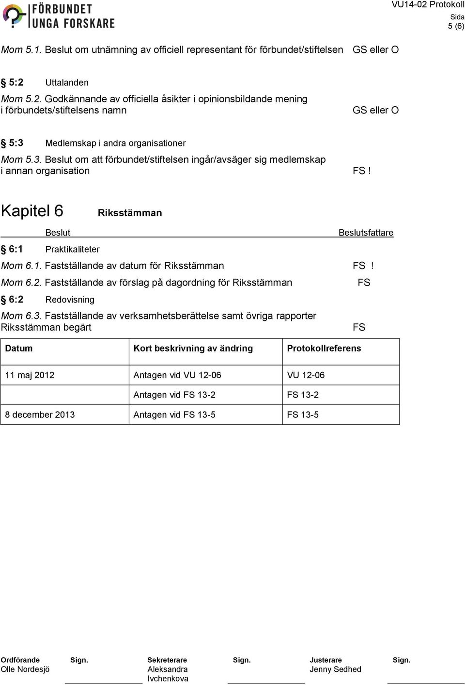 Medlemskap i andra organisationer Mom 5.3. om att förbundet/stiftelsen ingår/avsäger sig medlemskap i annan organisation! Kapitel 6 Riksstämman 6:1 Praktikaliteter Mom 6.1. Fastställande av datum för Riksstämman!