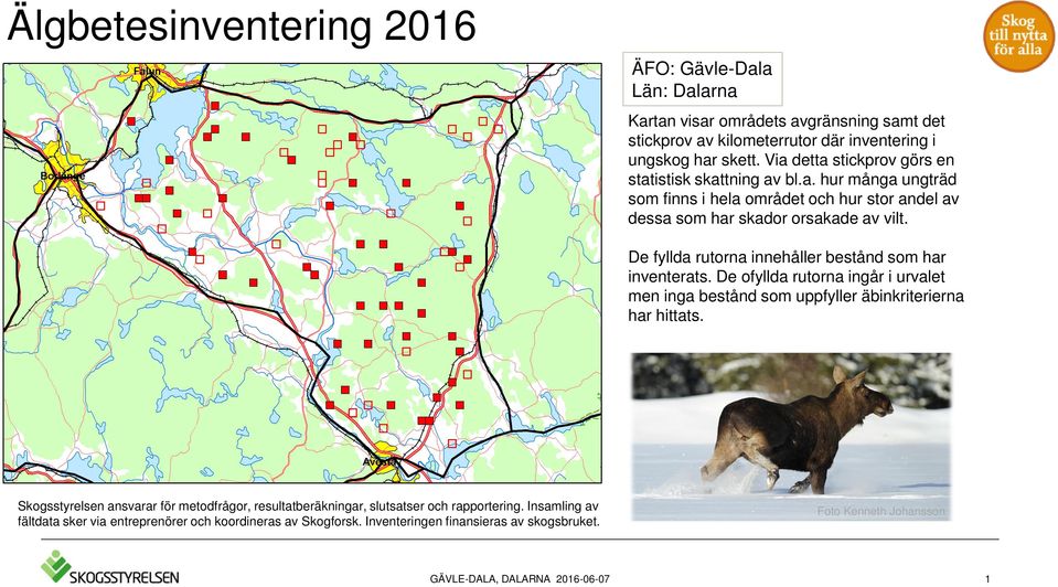 De fyllda rutorna innehåller bestånd som har inventerats. De ofyllda rutorna ingår i urvalet men inga bestånd som uppfyller äbinkriterierna har hittats.