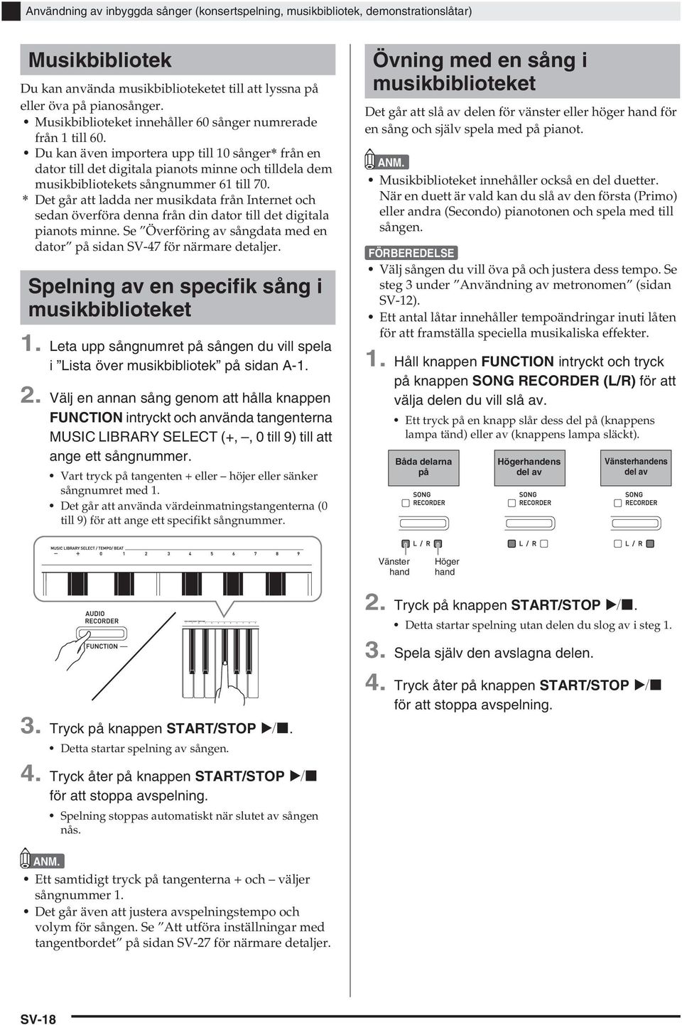 Du kan även importera upp till 10 sånger* från en dator till det digitala pianots minne och tilldela dem musikbibliotekets sångnummer 61 till 70.