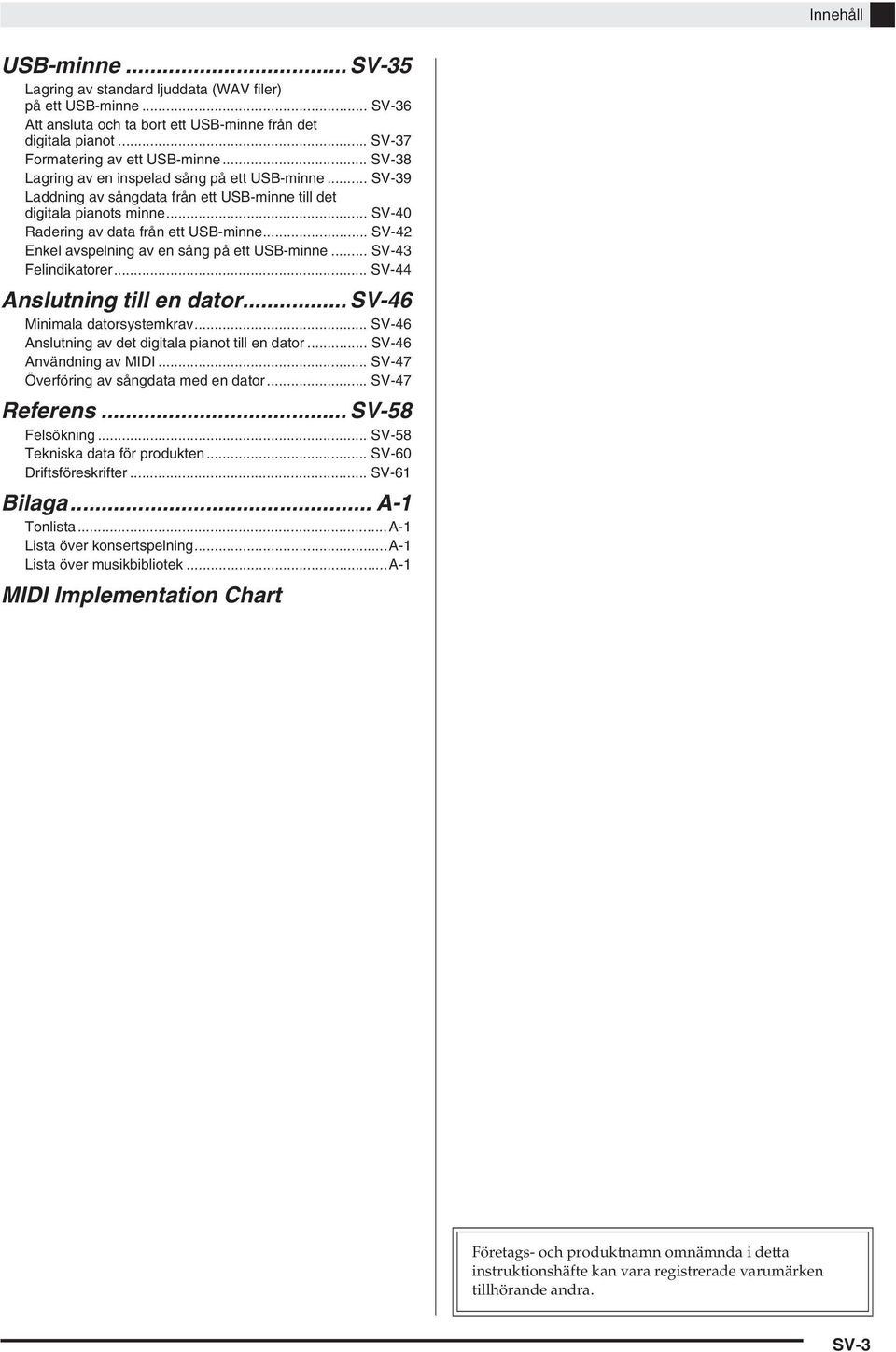 .. SV-42 Enkel avspelning av en sång på ett USB-minne... SV-43 Felindikatorer... SV-44 Anslutning till en dator... SV-46 Minimala datorsystemkrav.