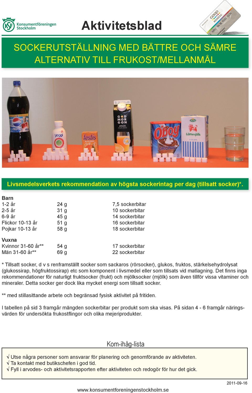 Barn 1-2 år 24 g 7,5 sockerbitar 2-5 år 31 g 10 sockerbitar 6-9 år 45 g 14 sockerbitar Flickor 10-13 år 51 g 16 sockerbitar Pojkar 10-13 år 58 g 18 sockerbitar Vuxna Kvinnor 31-60 år** 54 g 17