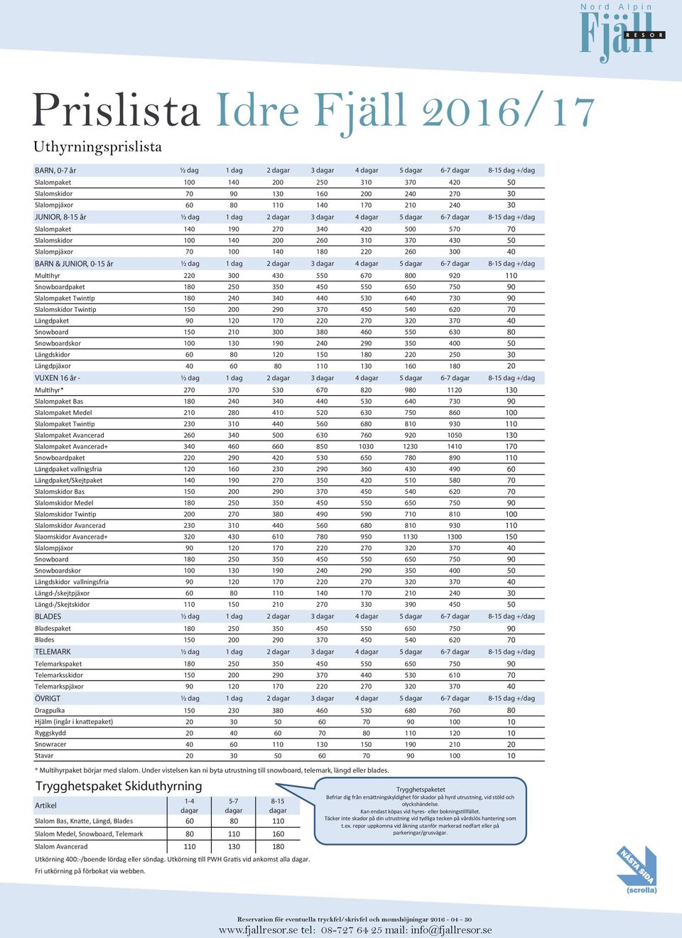 140 200 260 310 370 430 50 Slalompjäxor 70 100 140 180 220 260 300 40 BARN & JUNIOR, 0-15 år ½ dag 1 dag 2 dagar 3 dagar 4 dagar 5 dagar 6-7 dagar 8-15 dag +/dag Multihyr 220 300 430 550 670 800 920