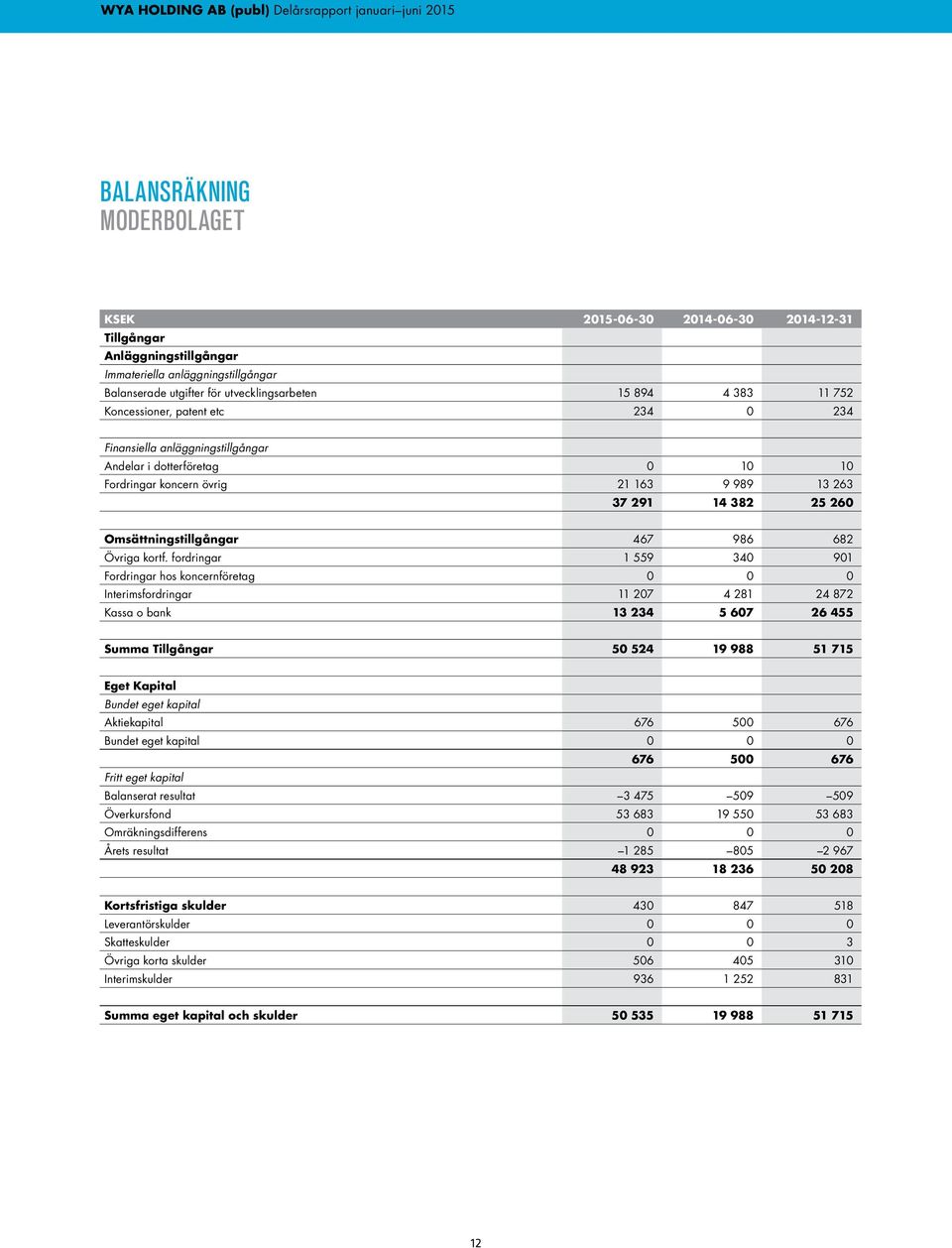 fordringar 1 559 340 901 Fordringar hos koncernföretag 0 0 0 Interimsfordringar 11 207 4 281 24 872 Kassa o bank 13 234 5 607 26 455 Summa Tillgångar 50 524 19 988 51 715 Eget Kapital Bundet eget